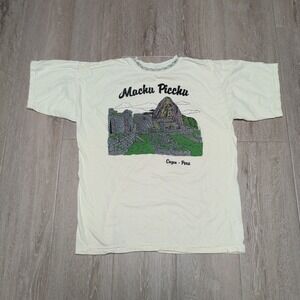 Vintage Machu Picchu Cuzco Peru Graphic T‎ Shirt Cream Cotton Sport Mens Medium
